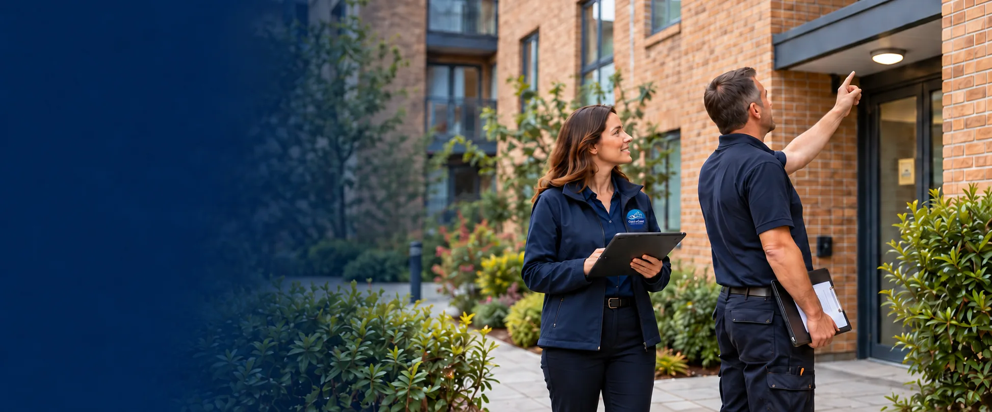 A property manager and a maintenance professional inspecting the entrance of a modern apartment building.